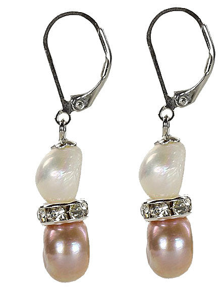 Zoetwater parel oorbellen met witte en roze parels en stras steentjes, zijaanzicht | Bling Pearl Soft Colors