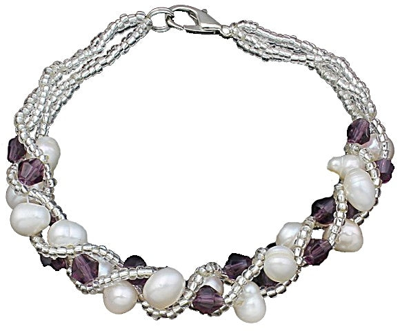 Wit zoetwater parel armband met paars facet geslepen kristallen | Pearl Crystal Purple