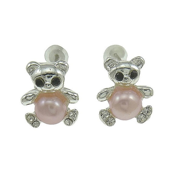 Zoetwater parel oorknopjes met roze parels en zilveren beertje met stras steentjes | Pearl Bear P