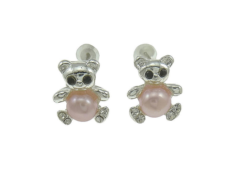 Zoetwater parel oorknopjes met roze parels en zilveren beertje met stras steentjes | Pearl Bear P