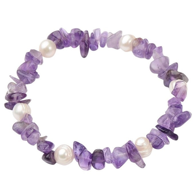 Wit zoetwater parel armband met paarse edelsteen amethist, elastisch parel armband | Pearl Amethyst Chip