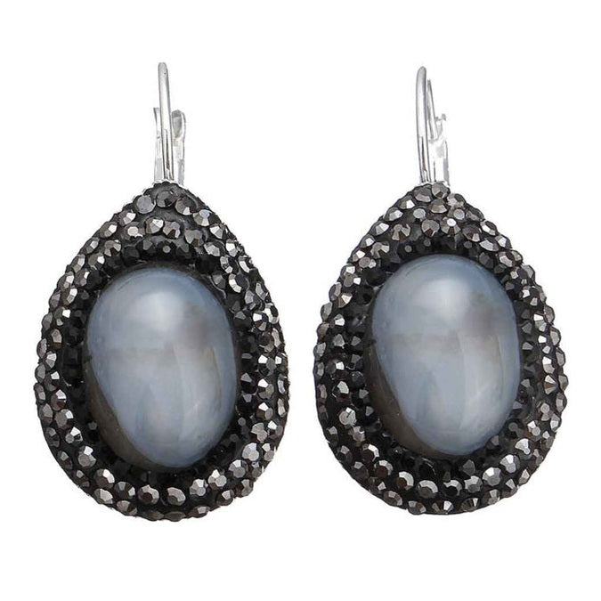 Grijze edelstenen oorbellen met agaat in druppel vorm en stras steentjes | Bright Grey Agate Teardrop
