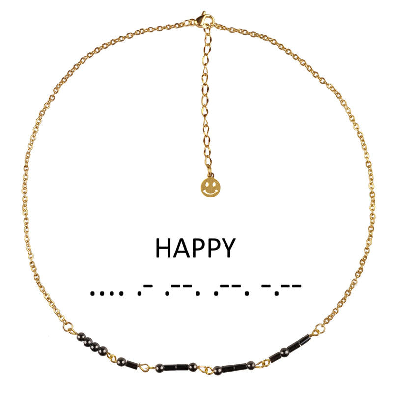 Cadeau set edelstenen ketting Morse Code Happy Black Hematite Gold