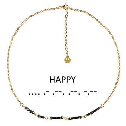 Zwarte edelstenen ketting met goud edelstaal en hematiet stenen die het woord HAPPY in morse code weer geeft met uitleg morse code | Morse Code Happy Black Hematite Gold