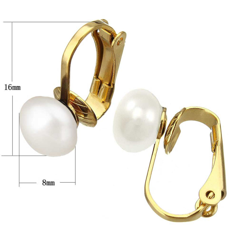Grote witte zoetwater parel clips oorbellen met goud edelstaal, maat indicatie | Gold White Clip Pearl 10 mm