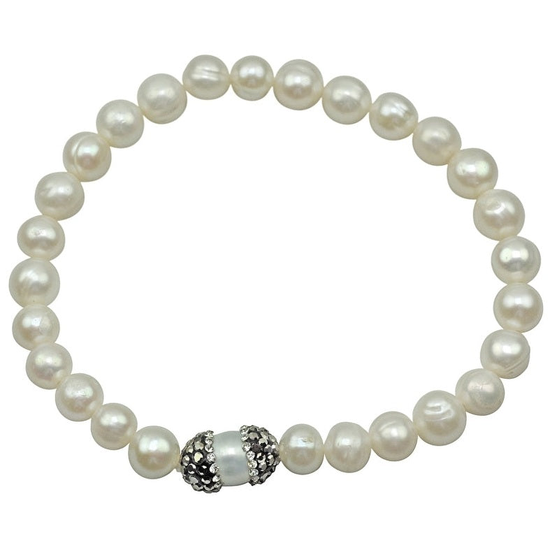 Wit zoetwater parel armband met zwarte stras steentjes, elastisch | Bling Rice Pearl