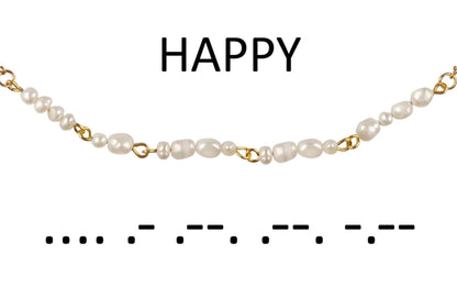 Cadeau set zoetwater parelketting Morse Code Happy Pearl Gold