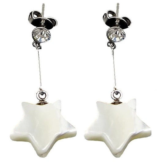 Witte parelmoeren oorbellen in ster vorm met stras steen en zilver edelstaal | Dangling Bling Star