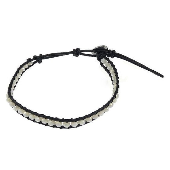 Kristallen armband met witte kristallen en zwart leer | Wrap White Crystal