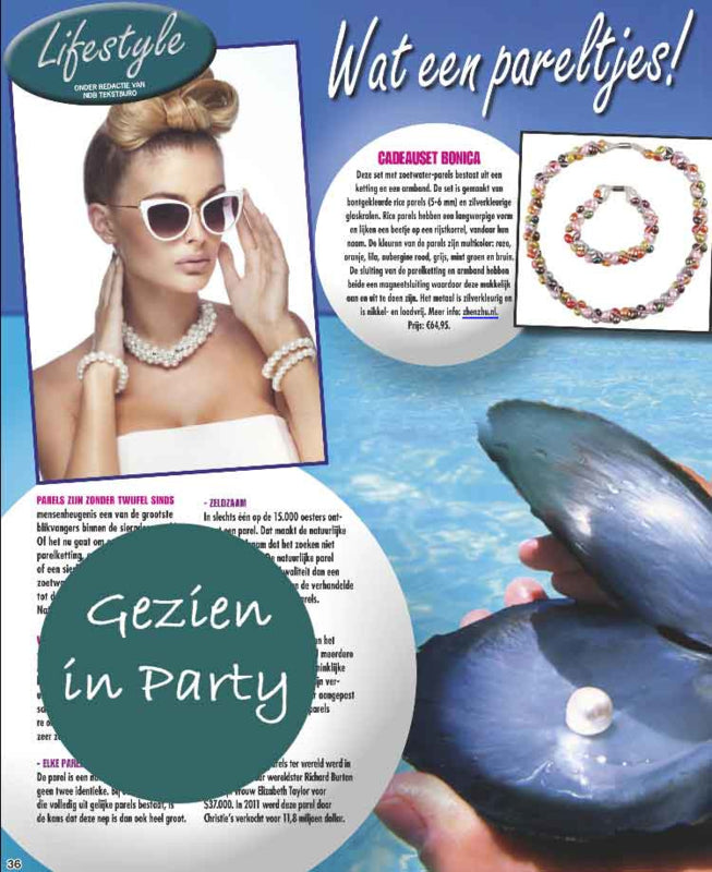 Zoetwater parel armband met vrolijk gekleurde parels en magneetslotje, gezien in tijdschrift Party | Bonica