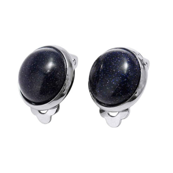 Zwart blauwe edelstenen clips oorbellen met goudsteen vooraanzicht | Blue Goldstone Clips