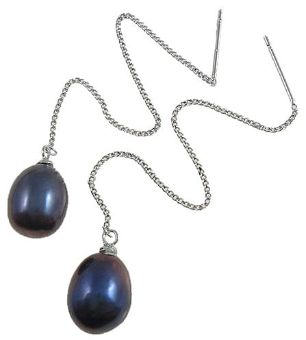 Lange zoetwater parel oorbellen met blauw zwarte parels en sterling zilver (925) | Pearl Chain Black