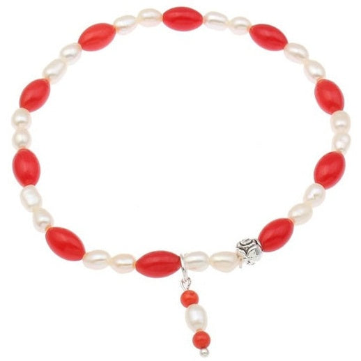Zoetwater parel armband met witte parels en rood koraal , elastisch | Rice Pearl Coral