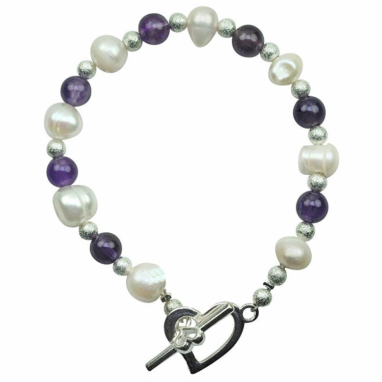 Wit zoetwater parel armband met paarse amethist en hartjes slotje | Pearl Heart Amethyst