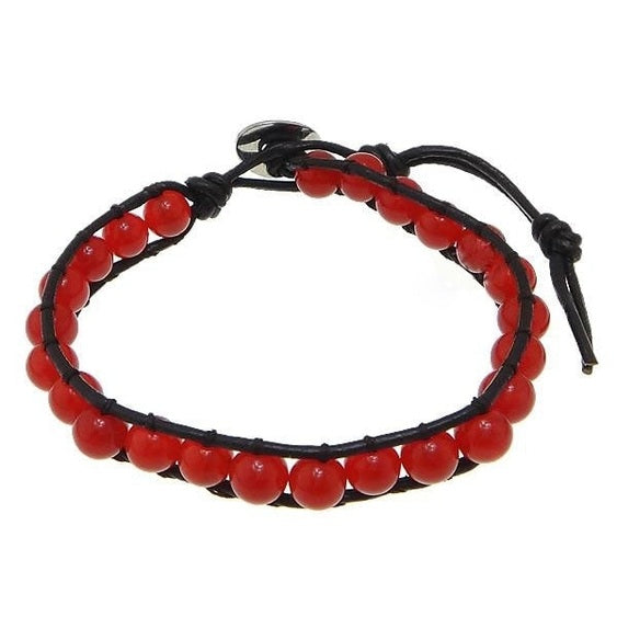 Rood marmeren armband met zwart leer | Wrap Red Marble