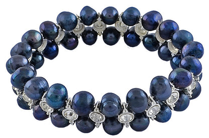 Blauw zoetwater parel armband met stras stenen, elastisch | Double Perssian Blue Pearl Bling