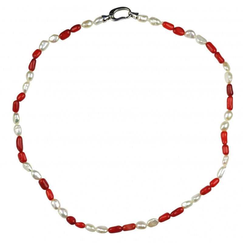 Zoetwater parelketting met witte parels, rood koraal en sterling zilver (925) | Coral Stick