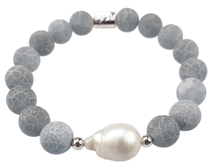 Edelstenen armband met witte parel Frozen Grey Agate White Pearl