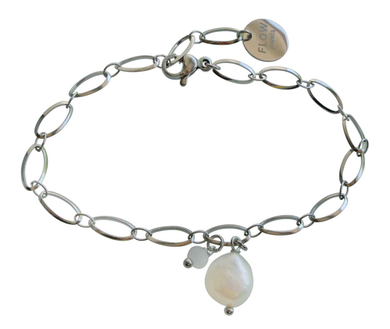 Wit zoetwater parel armband met zilver edelstaal | Flow Oval Silver Pearl