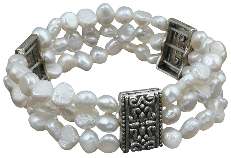 Wit zoetwater parel armband met 3 rijen, elastisch | Three Row White Pearl