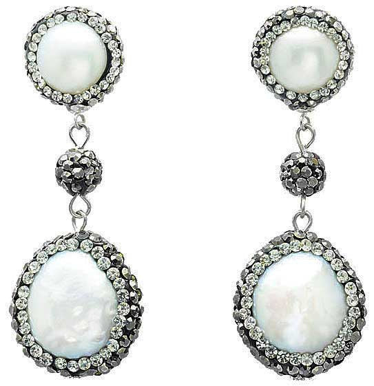 Lange zoetwater parel oorbellen met witte parels en stras steentjes en sterling zilver (925) | Bright Pearl Dangling Coin