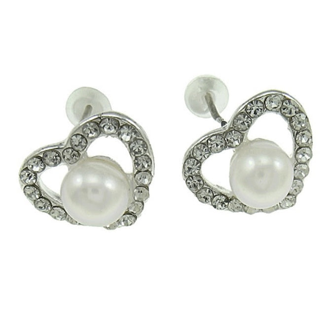 Zoetwater parel oorbellen met witte parel en stras steentjes in hart vorm | Radiant Pearl Heart