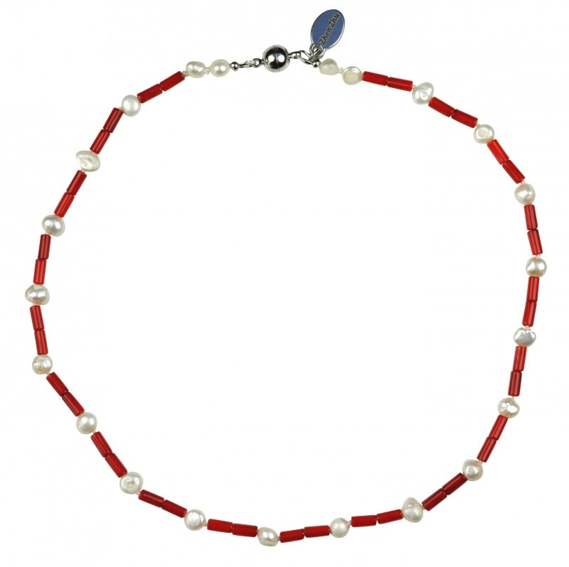 Zoetwater parelketting met witte parels, rood koraal en magneetslotje | Coral Stick Pearl