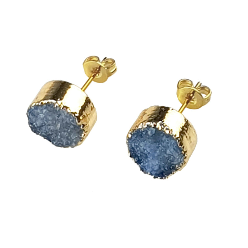 Blauwe edelstenen oorbellen met druzy agaat en goud, oorstekers, blauwe edelstenen oorknopjes