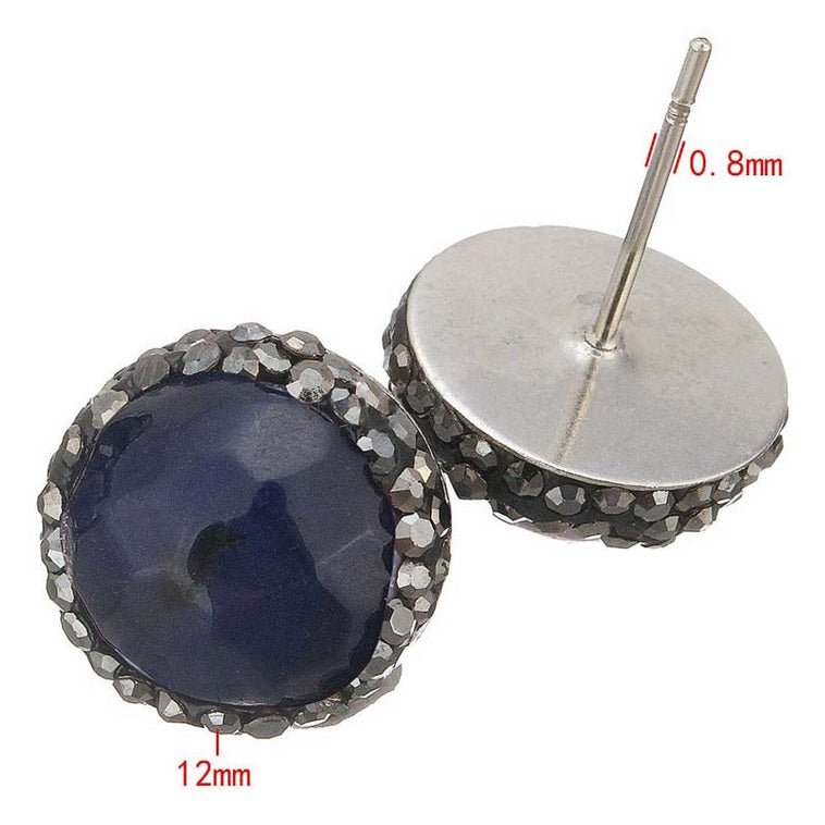 Donker blauwe edelstenen oorknoppen met stras steentjes en zilver edelstaal met maatindicatie | Black Bright Blue Agate