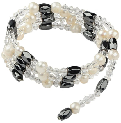 Zoetwater parelketting met witte parels, zwart magnetiet en glaskristallen ook te dragen als parel armband| Pearl Clear Crystal Magnetite Wrap