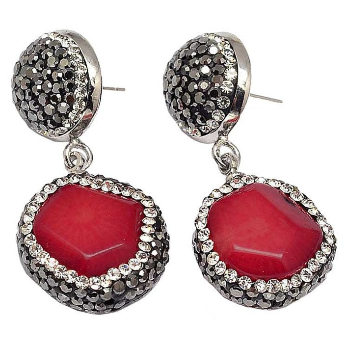 Rode koraal oorknopjes met stras steentjes | Bright Coral Dangling Drop