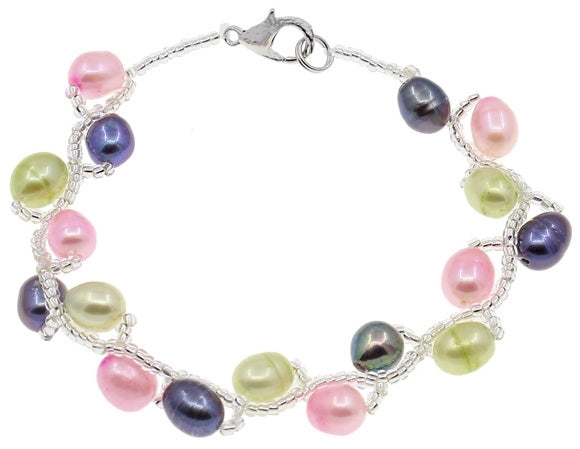 Zoetwater parel armband met roze, lime groen en grijze parels | Twist Pearl Mix Color