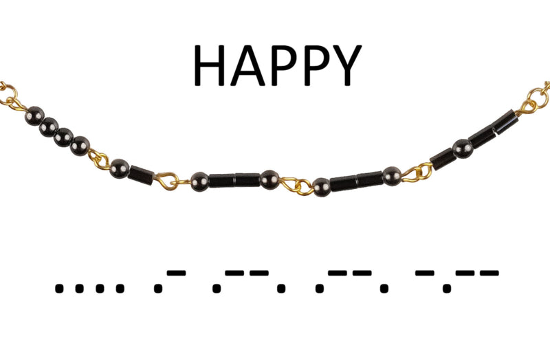 Cadeau set edelstenen ketting Morse Code Happy Black Hematite Gold