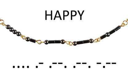 Detail met uitleg over zwarte edelstenen ketting met goud edelstaal en hematiet stenen die het woord HAPPY in morse code weer geeft | Morse Code Happy Black Hematite Gold