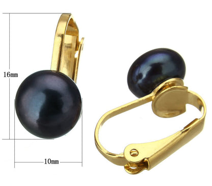 Grote zoetwater parel clips oorbellen met blauw zwarte parels en goud edelstaal, maat indicatie | Gold Black Clip Pearl 10 mm