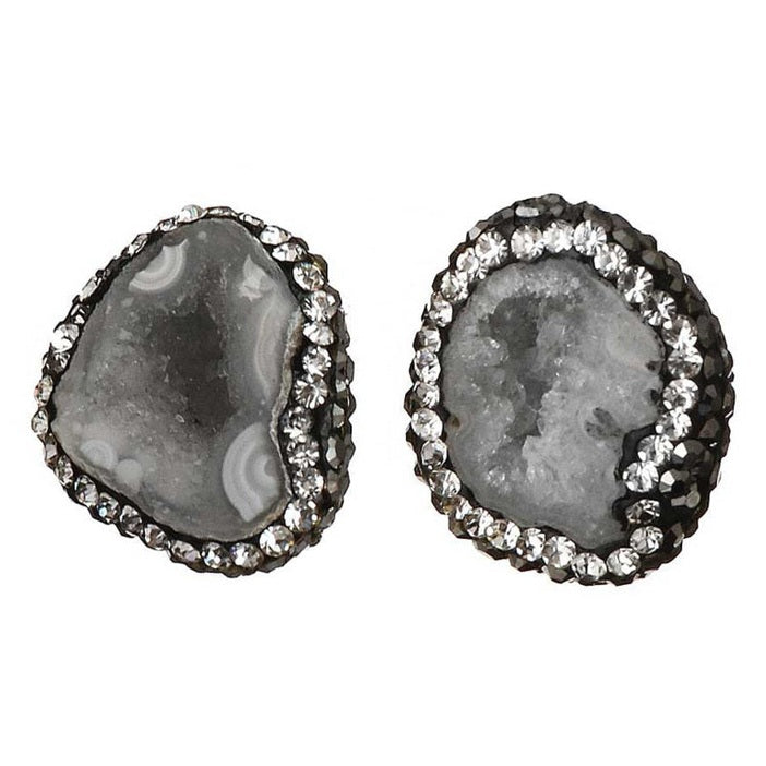 Licht grijze edelstenen oorknoppen met ijskwarts en stras steentjes | Bright Natural Ice Quartz