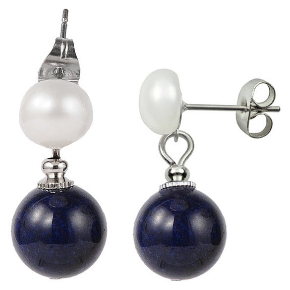 Zoetwater parel oorbellen met witte parel en lapis lazuli voor en zijaanzicht | Pearl Stud Lapis Lazuli