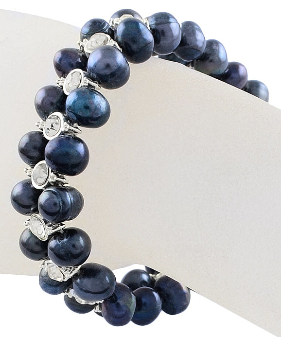 Blauw zoetwater parel armband met stras stenen, elastisch om pols| Double Perssian Blue Pearl Bling