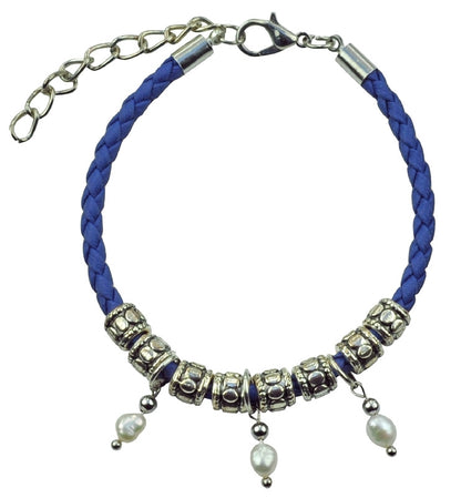 Wit zoetwater parel armband met blauw geiten leer | Maisha Blue