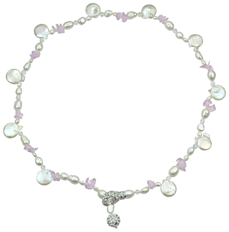 Zoetwater parelketting met edelsteen White Coin White Amethyst