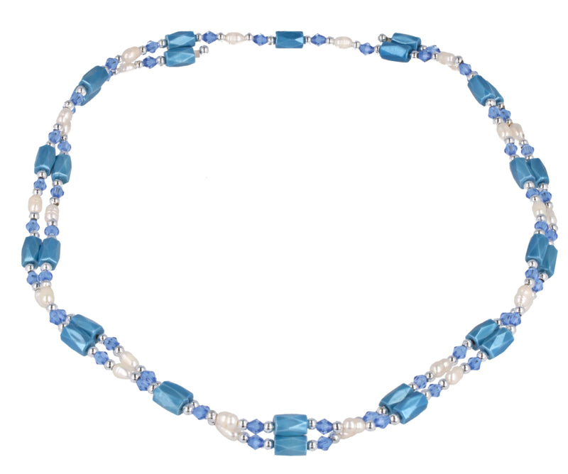 Wit zoetwater parelketting met blauwe magnetiet stenen | Wrap Magnetite Blue Pearl