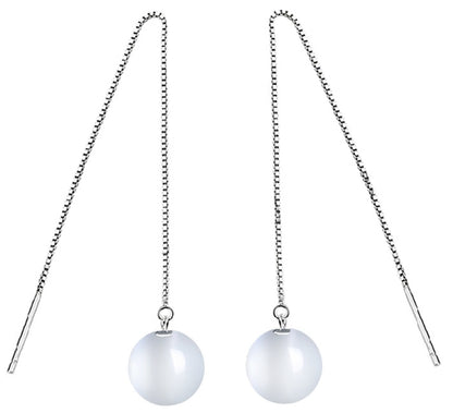 Lange witte edelstenen oorbellen met kattenoog | White Cat’s Eye Chain