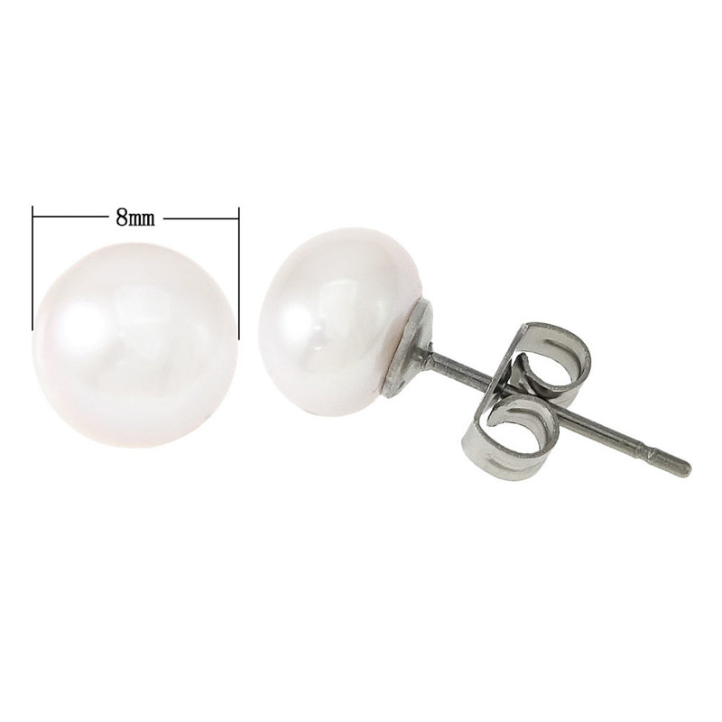 Witte zoetwater parel oorbellen met zilver edelstaal, parel oorknopjes, maataanduiding | Pearl White 8 mm