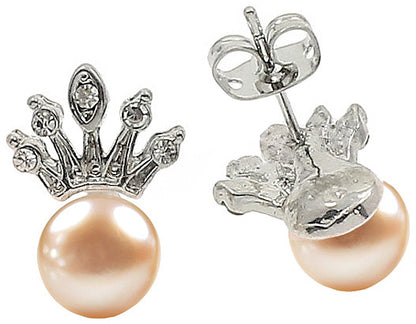 Zoetwater parel oorknopjes met zilveren kroontje met stras steentjes, voor en achterkant | Queen Peach