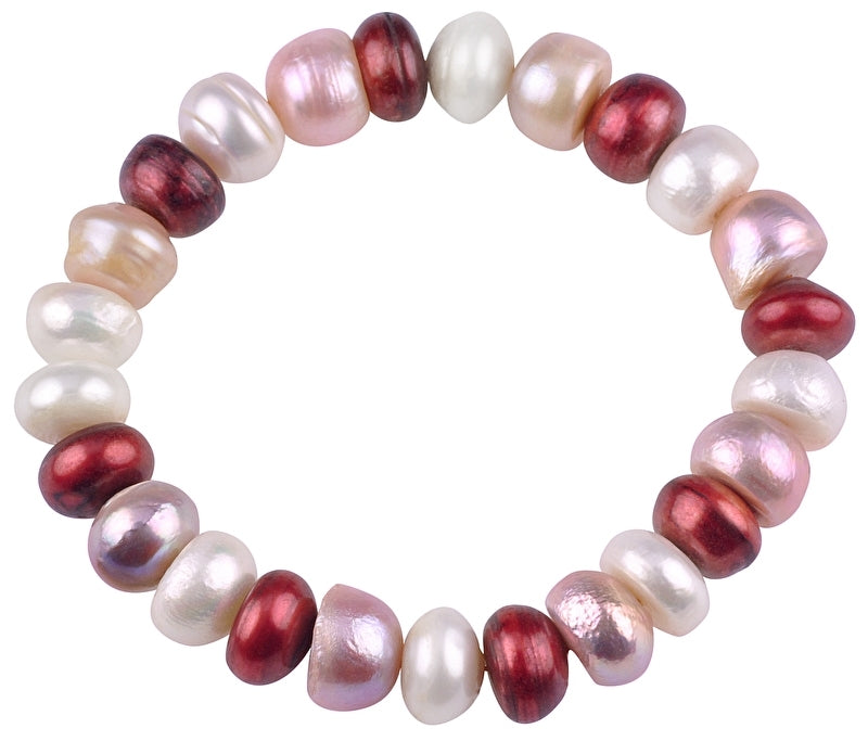 Zoetwater parel armband met witte, roze en rode parels, elastisch | Tri Color Light