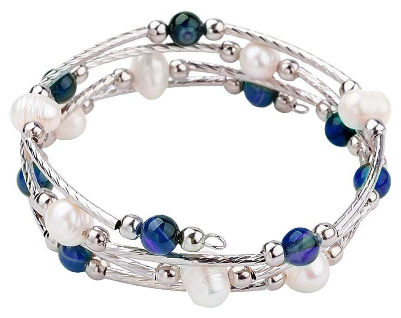 Zoetwater parel wikkel armband met witte parels en blauwe agaat | Wrap Pearl Blue Striped Agate