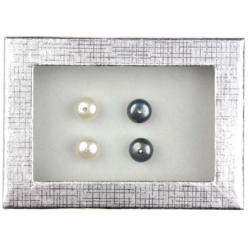 Cadeau set met 2 paar (zwart en wit) zoetwater parel oorknopjes met stras steentje | Cadeau set Mea Bling W-B