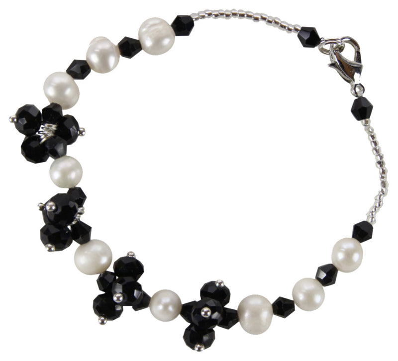 Wit zoetwater parel armband met zwart facet geslepen kristallen | Pearl Black Crystal