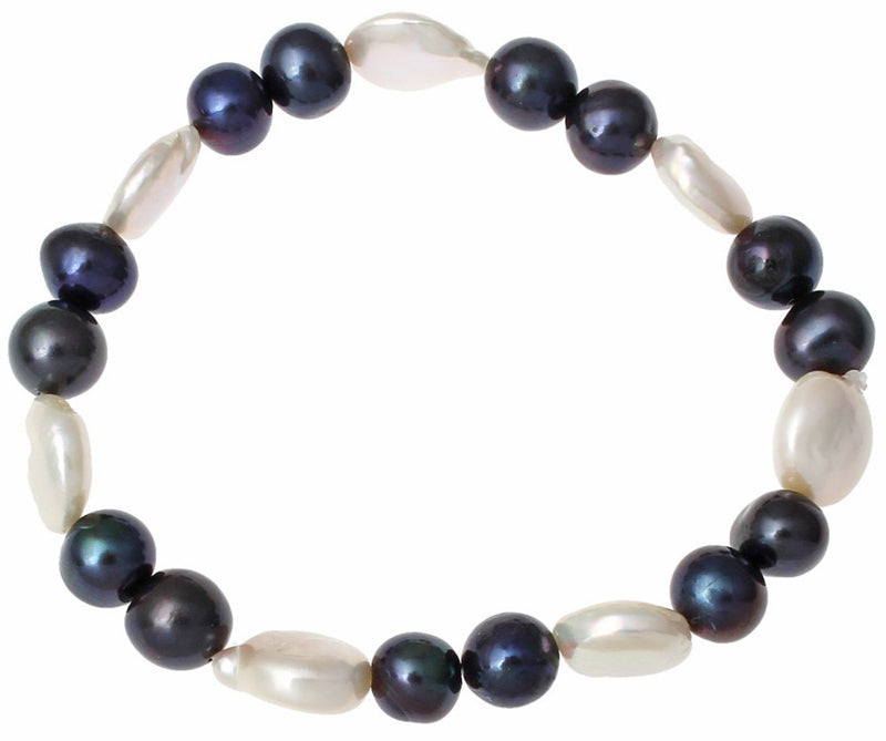 Zoetwater parel armband met witte en blauw zwarte parels, elastisch | White Coin Dark Pearl