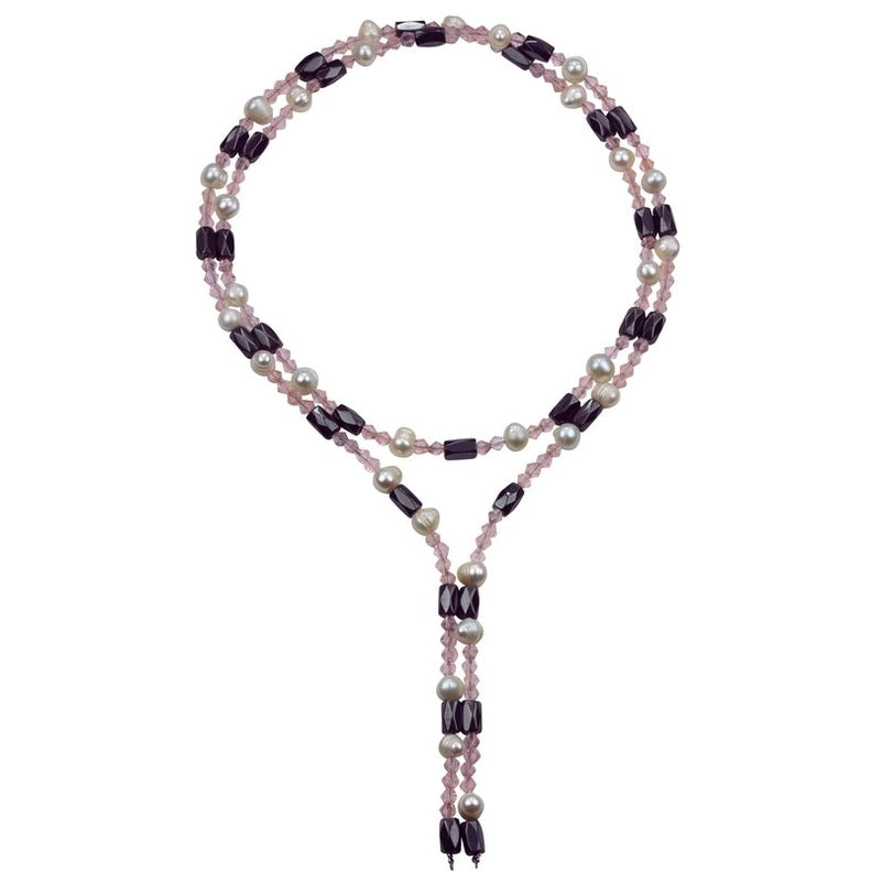 Wit zoetwater parel wikkelketting met edelsteen magnetiet en roze kristal ook als parelketting te dragen | Pearl Pink Crystal Magnetite Wrap